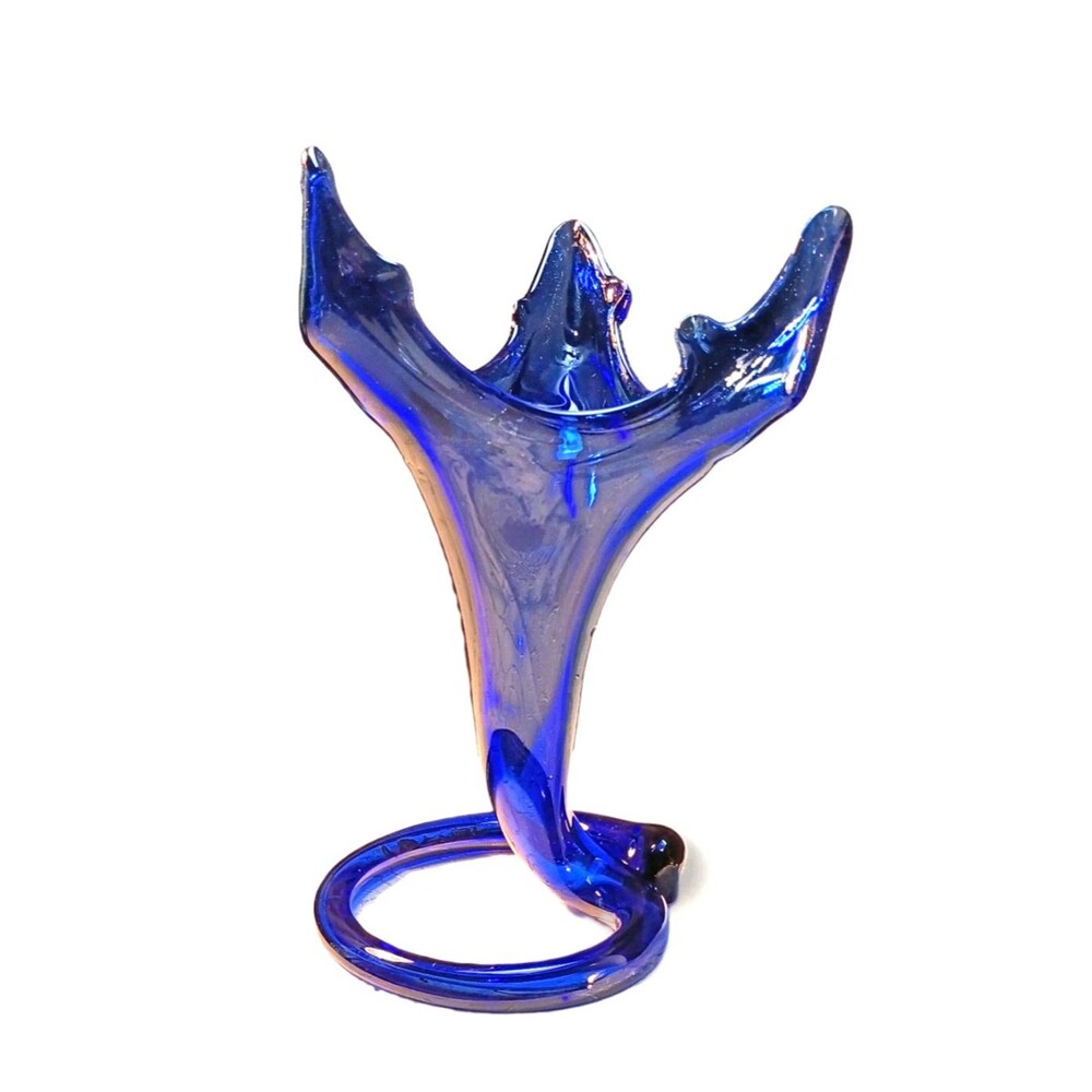 Vintage Cobalt Blue 13" Studio Art Glass Swung Vase, Mid Century Modern Decor